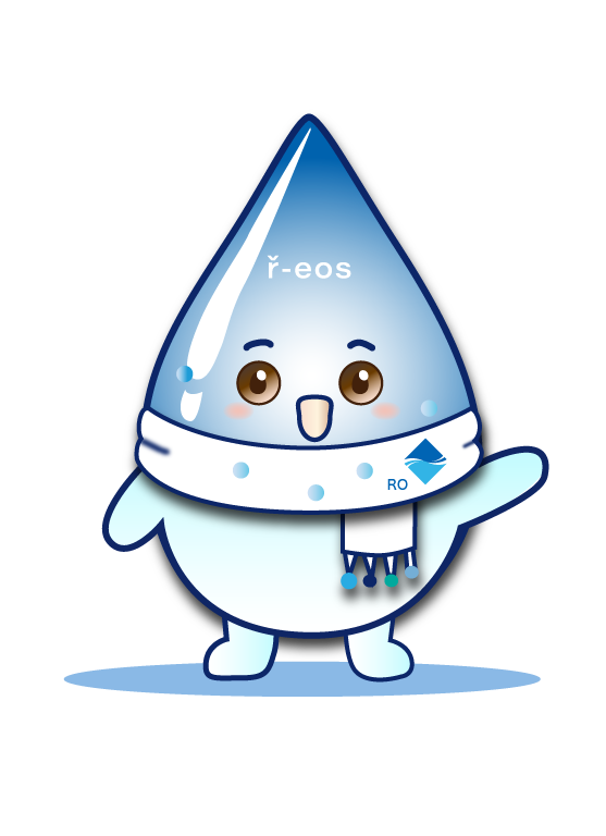 r-eosのキャラクター RORO君が手を挙げて説明している様子